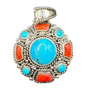 Turquoise Coral Round Charm Pendant Filigree Sterling Silver Crystal NK Thailand